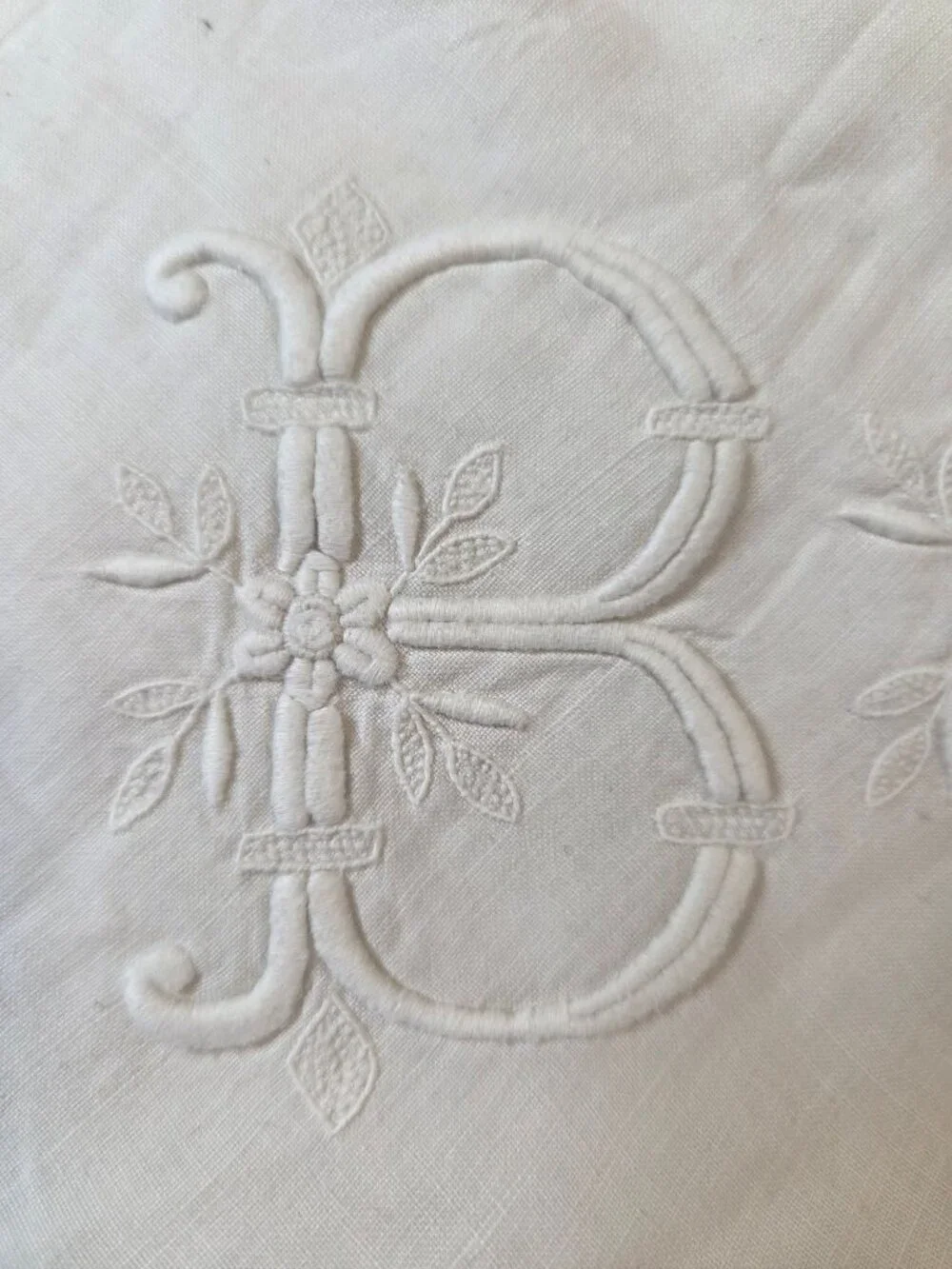 ANTIQ French Mono Euro Sham Pillow Cutwork Button Closure White Linen Embroidery - Picture 10 of 11